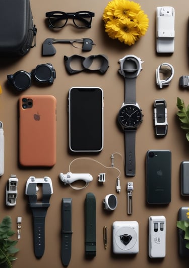 A collection of various smartphone and watch accessories is arranged neatly on a dark surface. The items include colorful phone cases with designs and labels, assorted watch bands in different materials and colors, and some packaged accessories. In addition to the tech accessories, there is a partial view of a green plant with yellow flowers and an over-ear headphone in the corner.