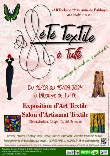 Affiche de l'été textile à l'abbaye de Tuffé organisé par Sarthelaine du 16 août au 15 septembre 24