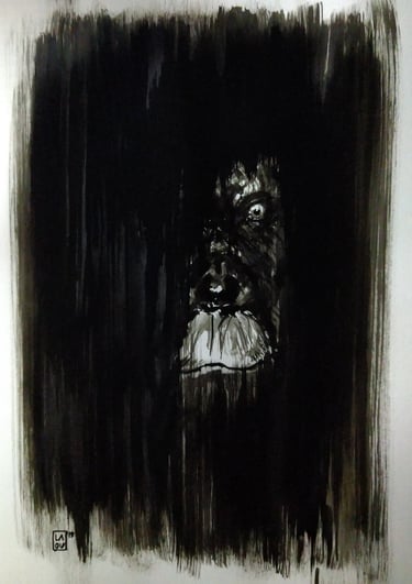 a black and white drawing of a gorilla in a dark room