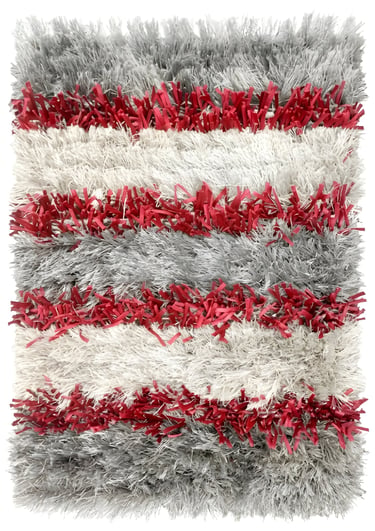 Modern horizontal striped heavy shaggy hand-tufted rug in silver grey white and red from India