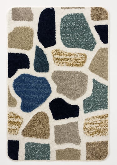 Modern abstract mosaic cobblestone hand-tufted rug in navy blue grey and cream from India