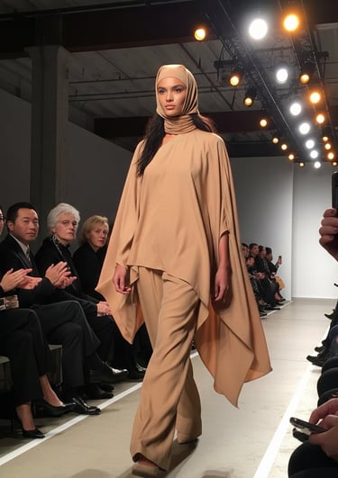 a woman in a flowy beige co-ord set on the runway