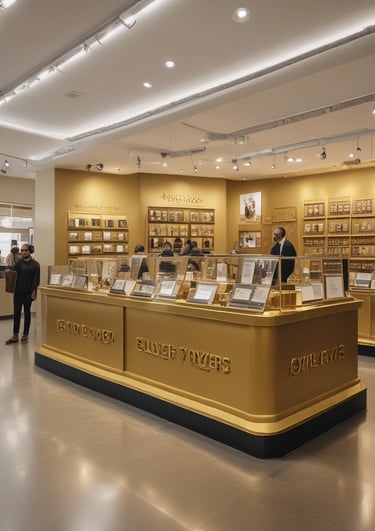 A welcoming image of a gold jewelry store showcasing various gold items.