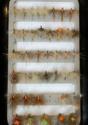 Assorted dry flies for trout fishing organized in a fly box
