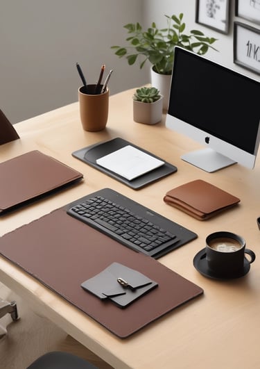 a desk with a computer and a keyboard with leather amenities