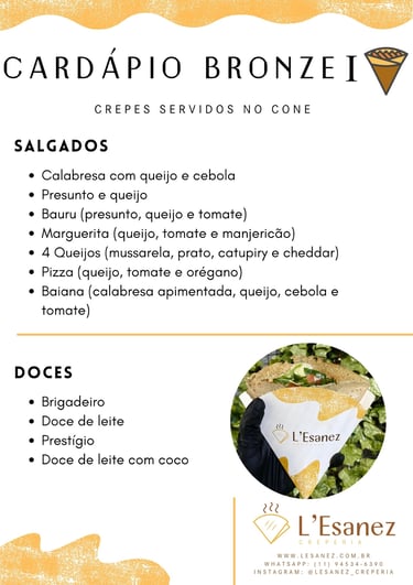 cardápio do serviço bronze 1 em que os crepes são servidos no cone