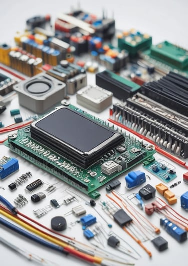 A collection of electronic components and test equipment spread across a table. There are breadboards with numerous colorful wires connected, a multimeter, and various test tubes in the background. The setup suggests a workbench for electronics or a science experiment.