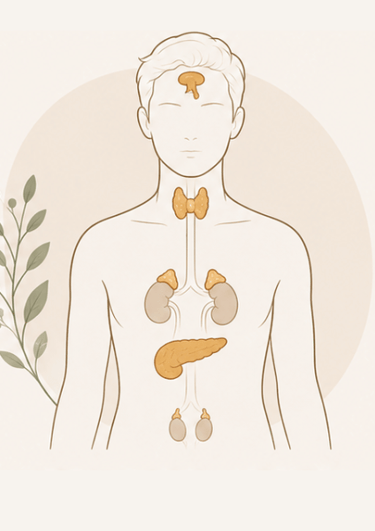 Anatomical diagram of the human endocrine system showing glands like the thyroid, pancreas, and adrenal glands.