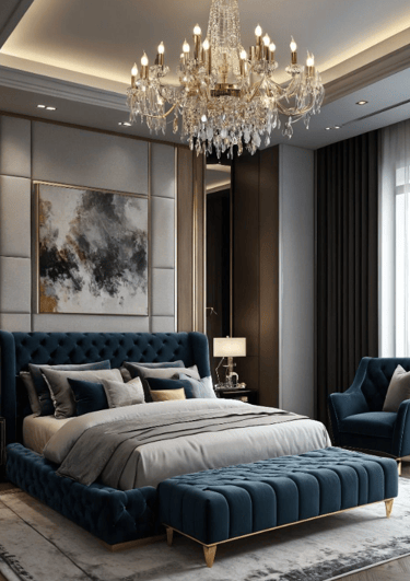 a bedroom with a chandelier and a chandelier