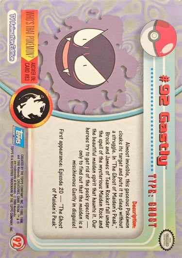 92 Gastly Topps Pokémon series 2 us back