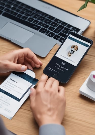 A laptop displays a web browser on the eBay homepage, showing a prominent green advertisement offering up to 70% off on Apple tech with a two-year warranty. The ad features images of a smartwatch and a smartphone. The surrounding environment includes a wooden table and blurred indoor plants in the background.