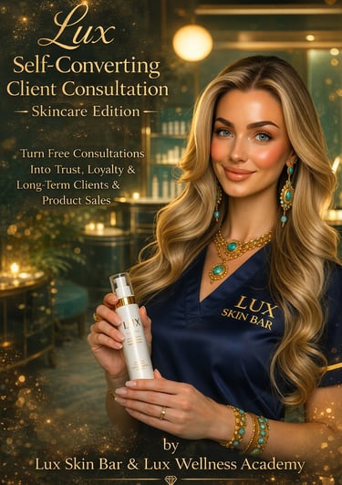 Luxury skincare consultation expert in a teal and gold spa holding a professional skincare serum