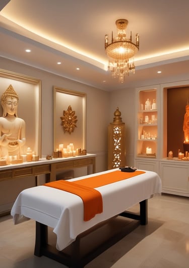 A serene setup featuring a white essential oil diffuser with a warm light at its base, placed on a smooth surface. Beside it is a neatly rolled, soft white towel and a small box labeled 'Relax' containing essential oils. A small potted plant with green leaves adds a touch of nature to the scene.