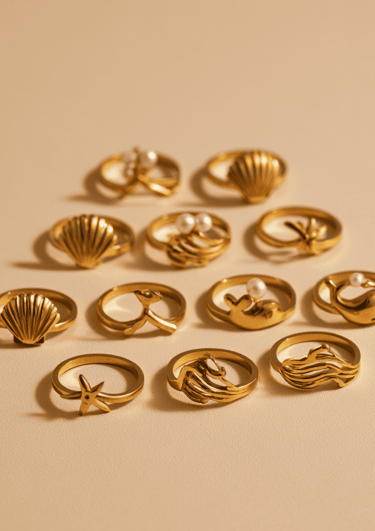 Colección de anillos dorados de acero inoxidable con diseños marinos de conchas, estrellas de mar y 
