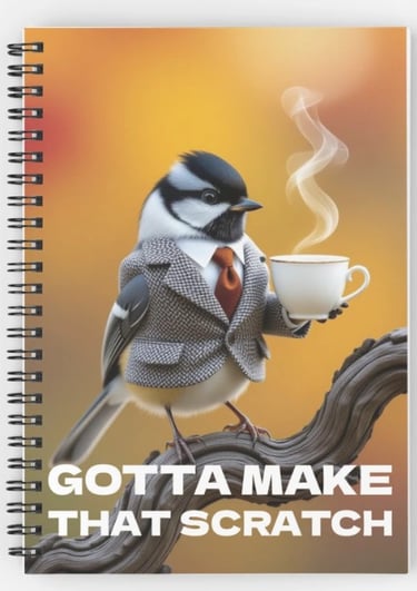 Notebook with chickadee in business suit drinking his coffee