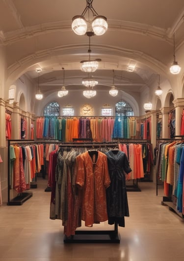 A clothing store featuring traditional dresses displayed on mannequins. A person wearing a traditional dress is selecting an item from a rack filled with various clothing styles. The interior features warm lighting, decorative elements like lanterns, and an arched doorway.