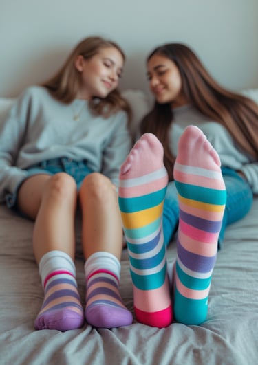 Due amiche su un letto e in primo piano i loro piedi di cui 2 enormi