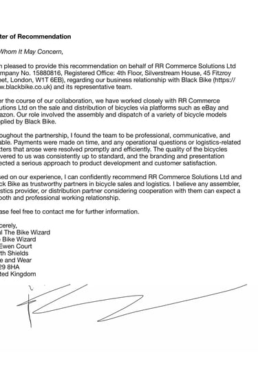 Professional letter of recommendation for RR Commerce Solutions Ltd from Paul The Bike Wizard.