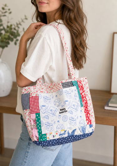 A woman carrying a handmade quilted patchwork tote bag with floral and gingham patterns.