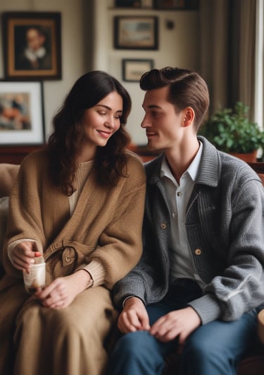 A cozy scene showing a couple wearing exclusive Valentine's Day themed t-shirts.