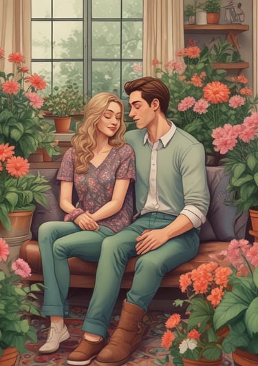 A cozy scene showing a couple wearing exclusive Valentine's Day themed t-shirts.