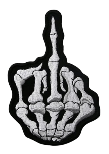 a skeleton hand giving the middle finger patch velcro