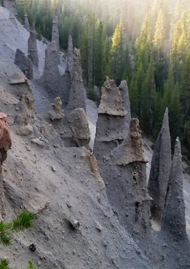 Waterfall Hwy, OR - Spires formed from gas coming up thru hot lava at Crater Lake 