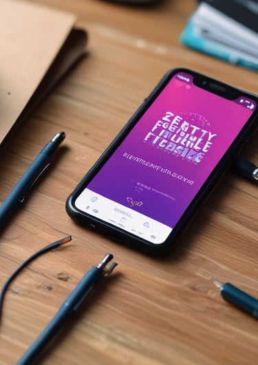 A smartphone displaying a podcast app screen is placed on a wooden surface next to a closed black notebook. The phone screen shows a podcast titled 'with controls for play, pause, and other options.