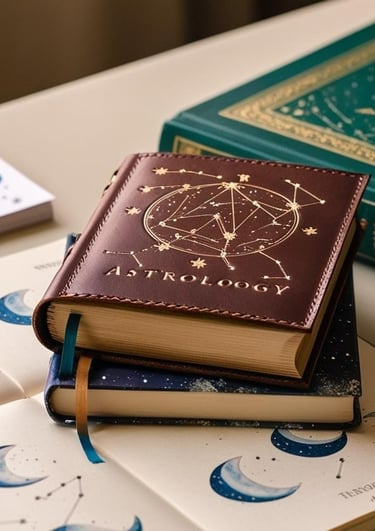 A small, leather-bound astrology book, adorned with celestial symbols, rests atop an open journal fe