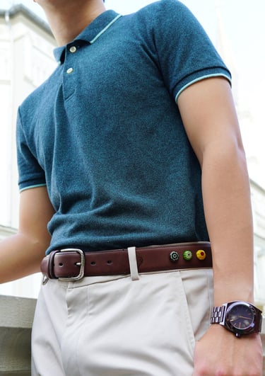 guy in cyan polo tee and brown belt | olio my shop