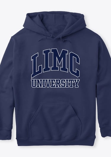Navy Classic Pullover Hoodie available to buy. The front of the hoodie reads 'LIMC University'