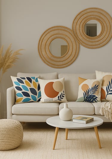 Salon scandinave moderne avec canapé beige, coussins déco nordiques et décoration naturelle.