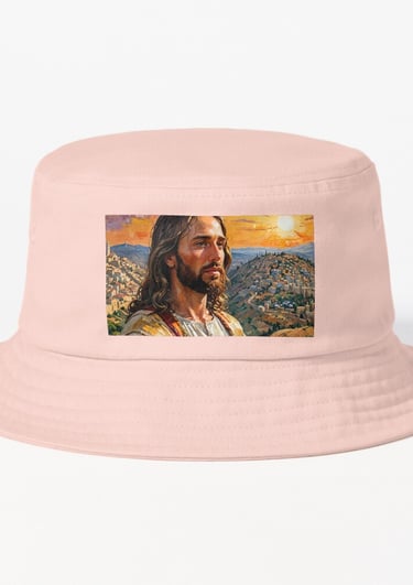 a picture of a jesus's face on a pink hat