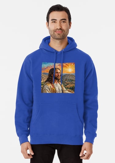 a man in a blue hoodie with a painting of jesus