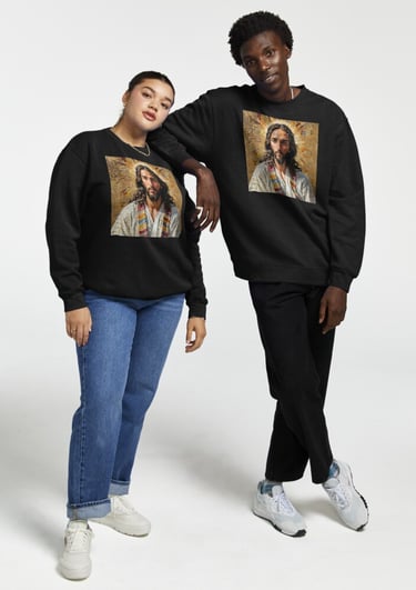 a man and woman wearing black sweatshirts and jeans