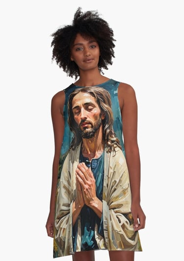 a woman wearing a dress with a picture of jesus