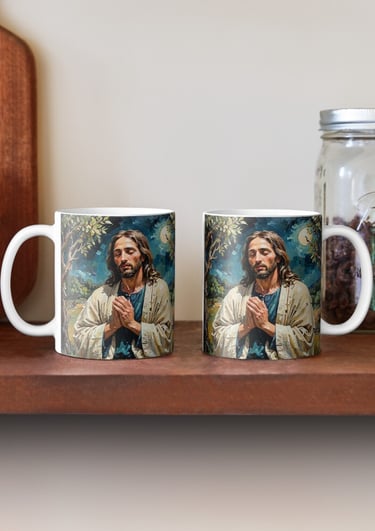 a mug mug with a picture of jesus on it