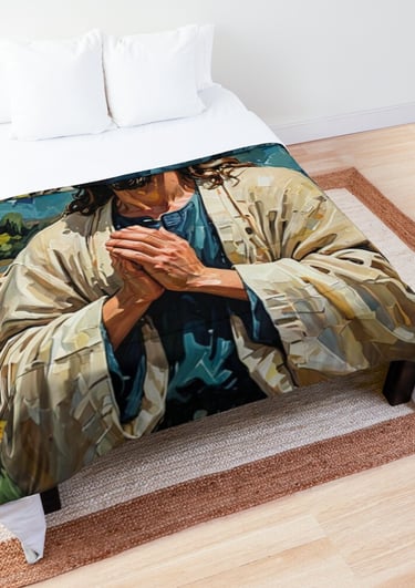 a bed with a man in a jacket and a hat