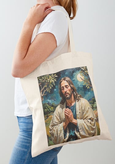 a woman holding a bag with a picture of jesus