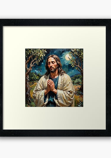 a painting of jesus holding a cross and praying
