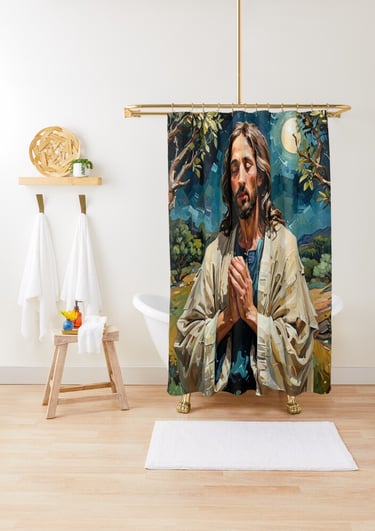a shower curtain with a painting of jesus