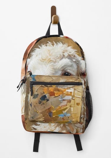 a dog is sitting on a backpacker bag