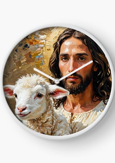 a clock with a picture of jesus holding a lamb