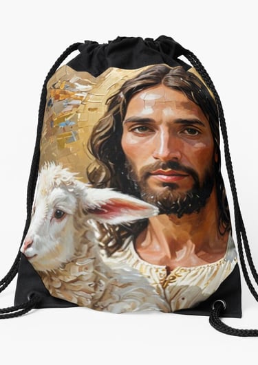 a drawsack bag with a picture of jesus holding a lamb