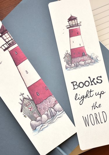 printed handmade bookmarks, story book style illustrations on stationery