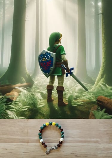 Link en tenu verte de dos avec son bouclien et son épée et le bracelet aux couleurs de Link vert