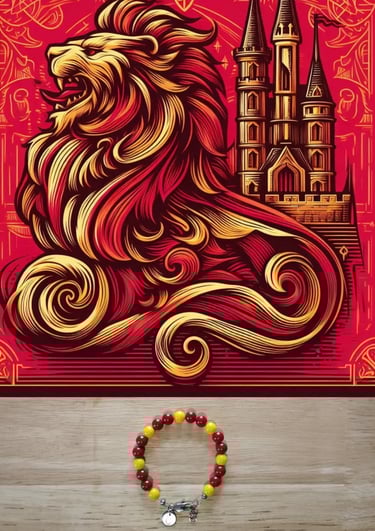 Griffondor d'or et Poudlard en haut et le bracelet aux couleurs de griffondor en bas
