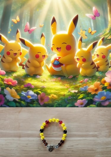 Plusieurs Pikachu sourient et le bracelet aux couleurs de Pikachu en bas