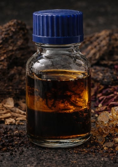 Modern oud perfume composition blending natural oils with refined aroma molecules