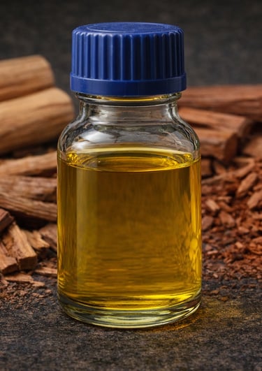 Pure sandalwood oil in a borosilicate glass bottle, natural fragrance oil for artisanal perfumery